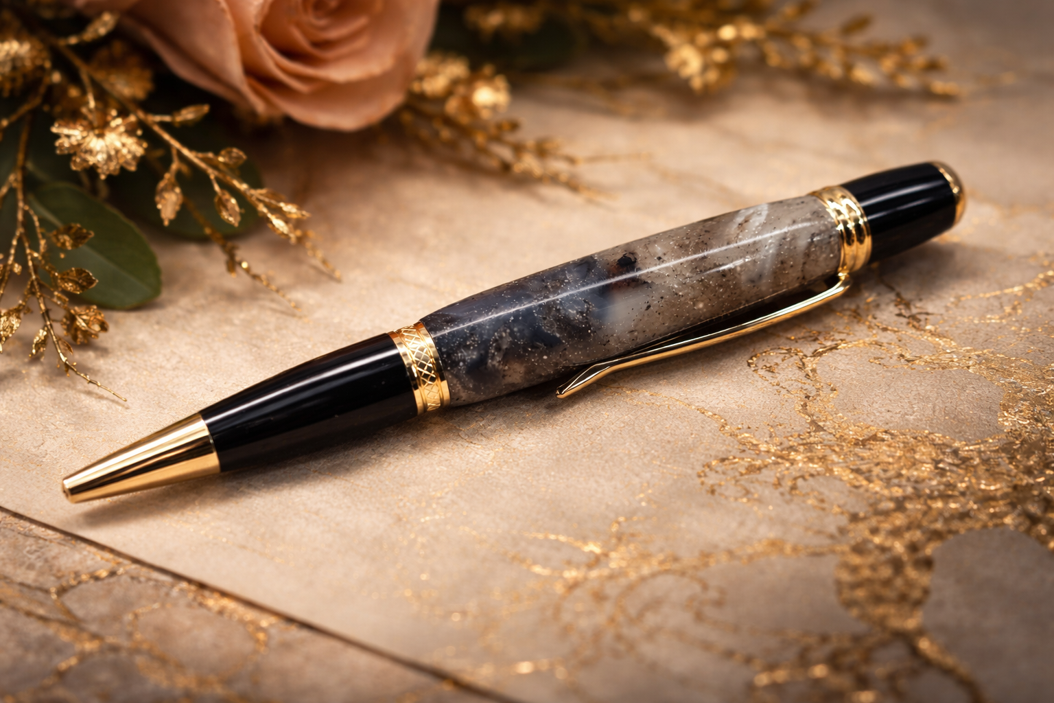 Twist Rollerball pen. Hand turned resin barrel with gold plated trims and clip