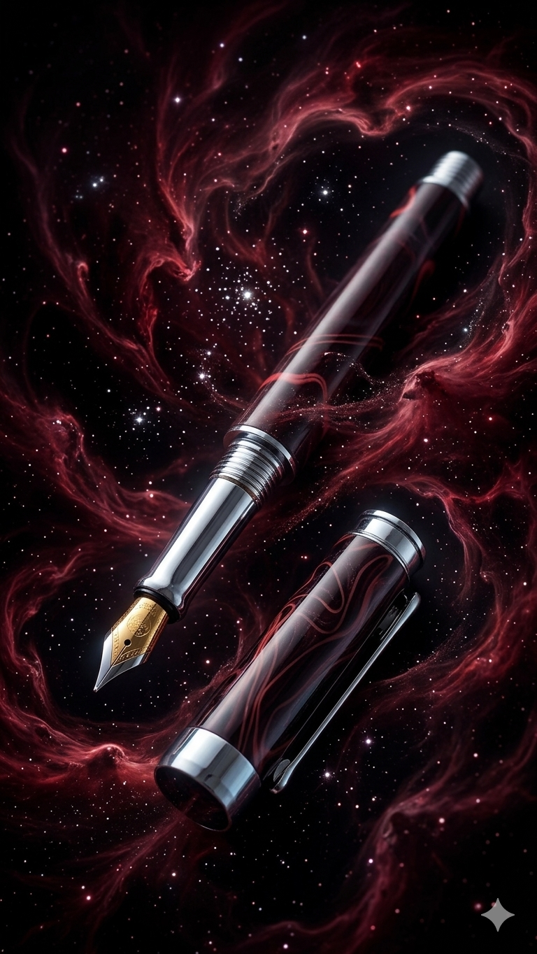 The Cosmic Fire Fountain Pen.  Forged from "Supernova" resin with a gold-plated nib, this unique celestial tool turns every word into a work of art.