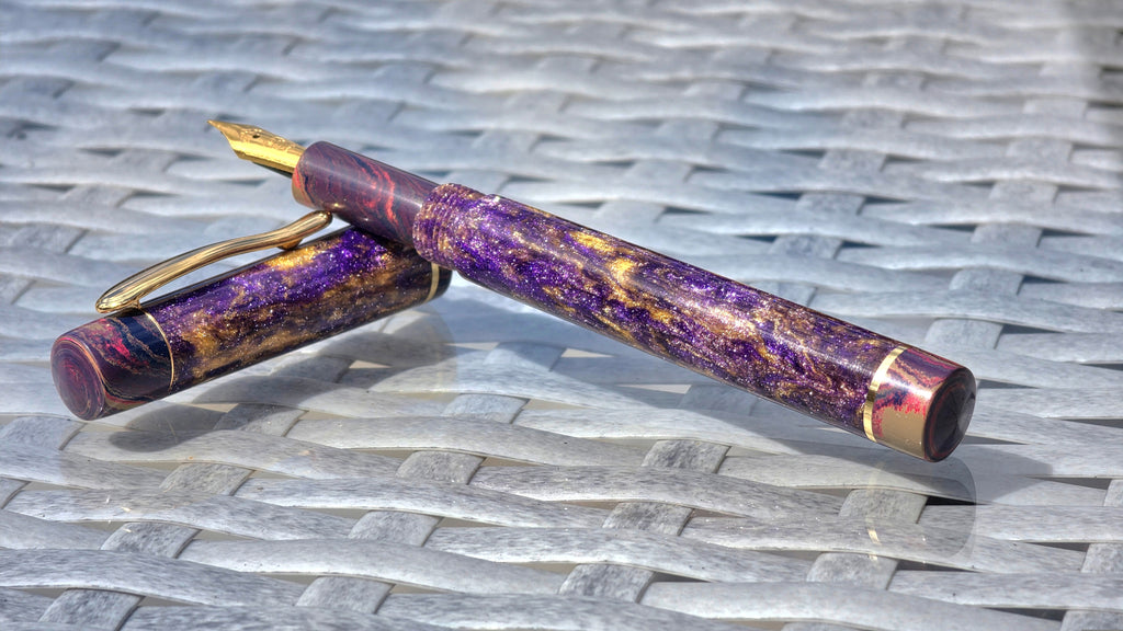 Diamond Particle & Purple Swirl Ebonite Fountain Pen (Gold Accents)