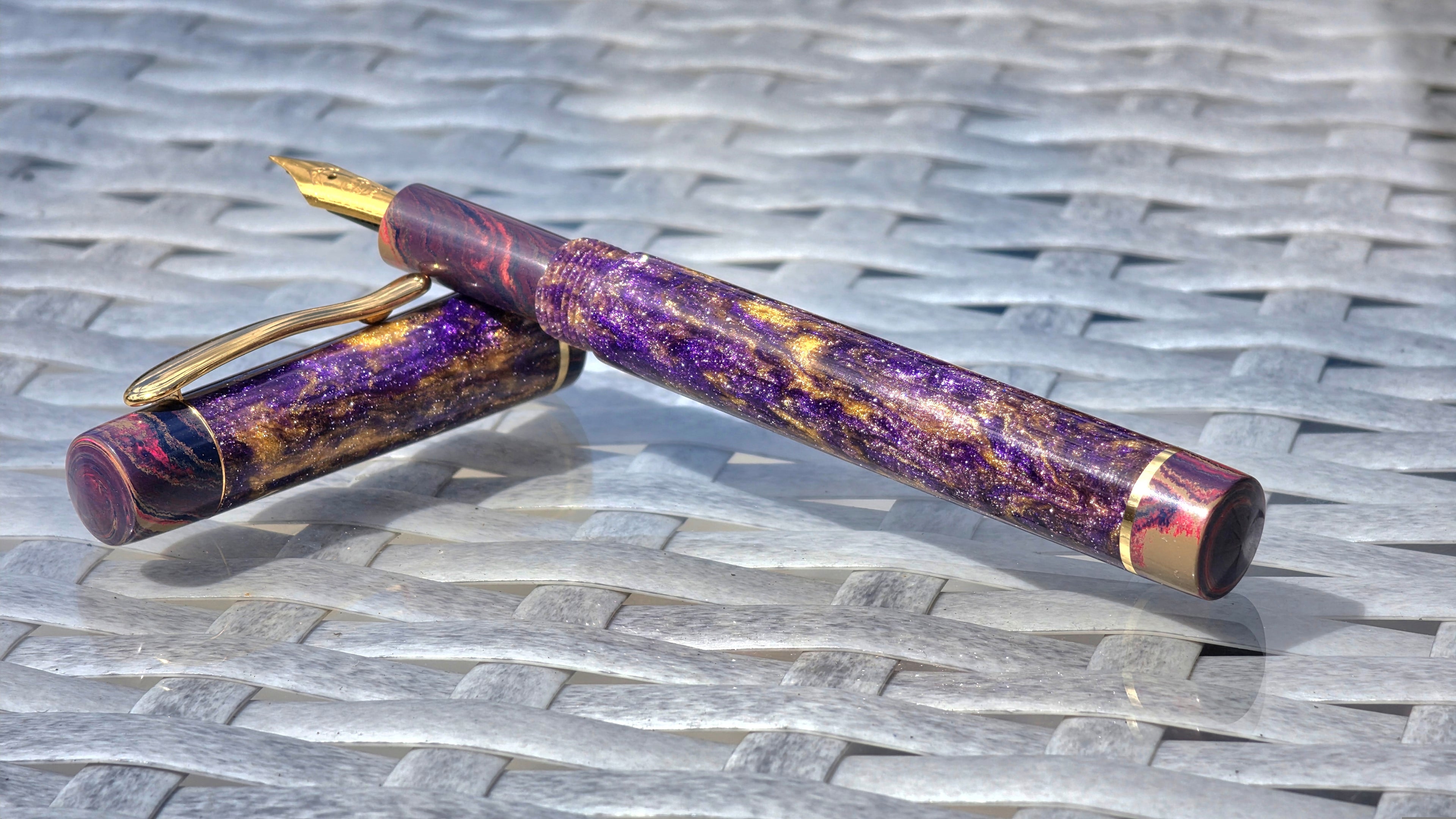 Diamond Particle & Purple Swirl Ebonite Fountain Pen (Gold Accents)