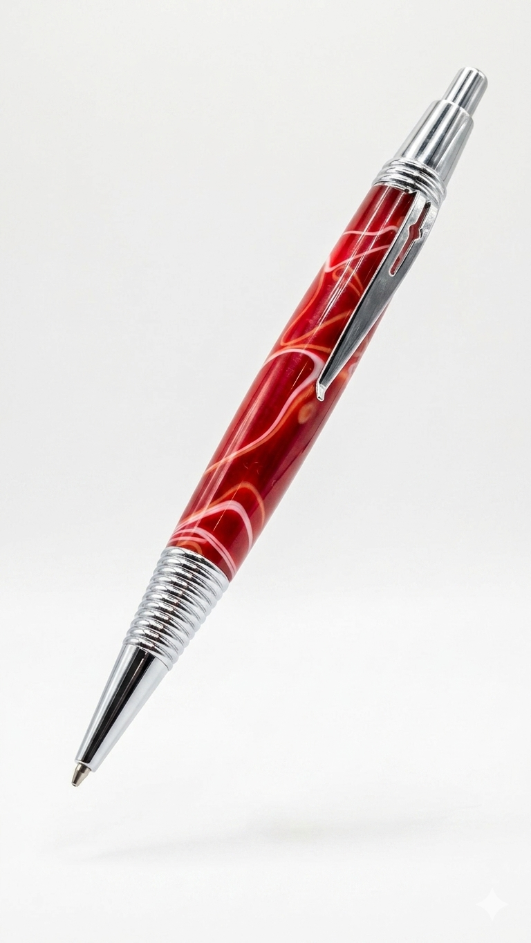 Red and White hand turned resin click rollerball pen.