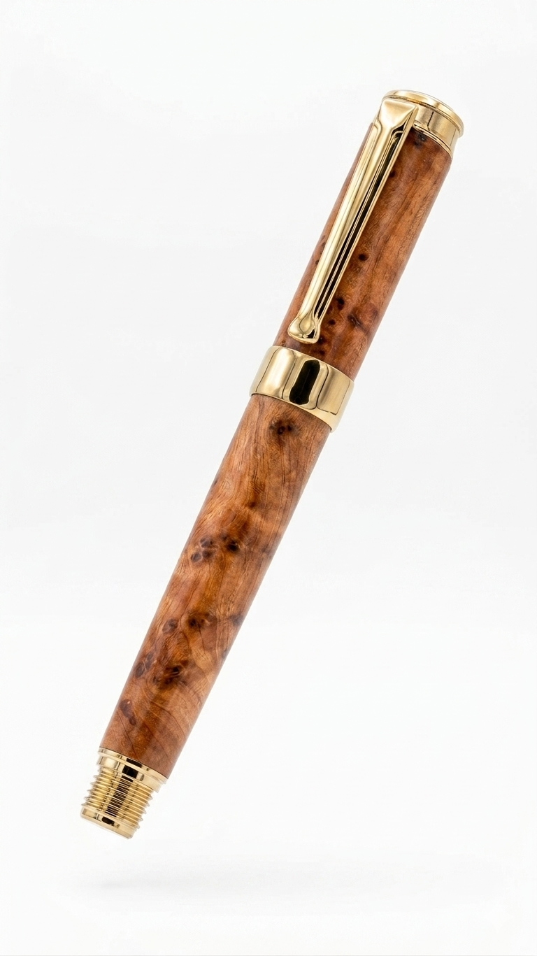 Thuya and Gold plated Fountain Pen. Hand turned wood finished Fountain pen with gold plated fittings and Bi-colour nib