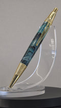 Blue and Gold hand turned resin click rollerball pen.
